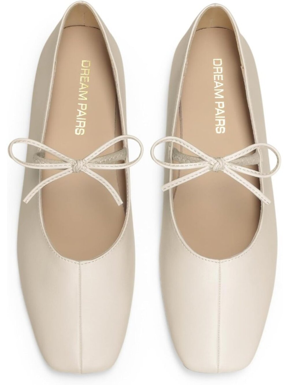 Dream Pairs Women's Beige Square Toe Mary Jane Flat Bow Slip On Casual Dress